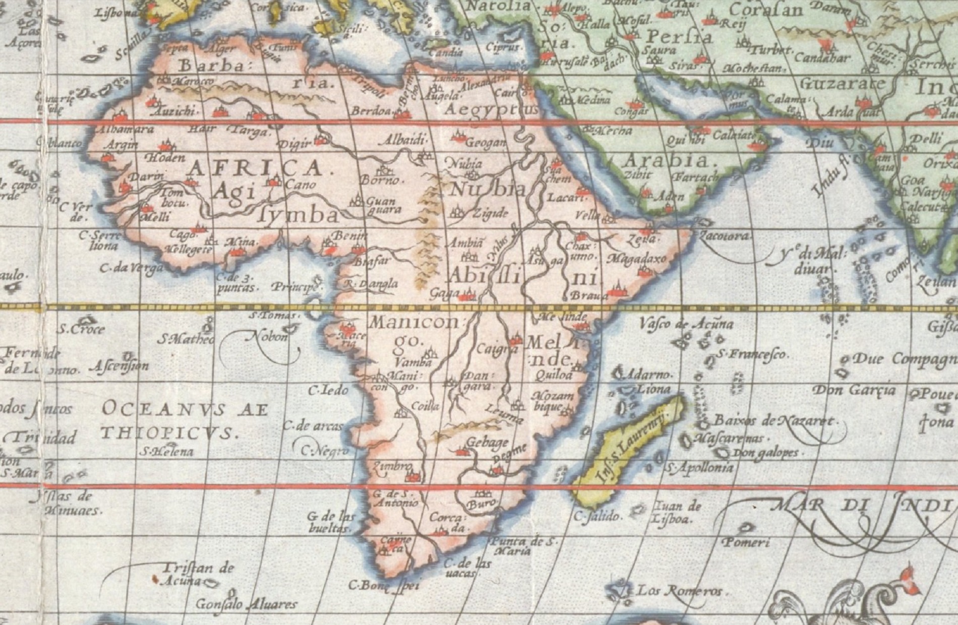 Agrandissement sur l'Afrique à partir de la mappemonde d'Abraham Ortelius, réalisée en 1570, extraite du « Theatrum Orbis Terrarum ». The Minnich Collection the Ethel Morrison Van Derlip Fund, 1966. © Domaine public